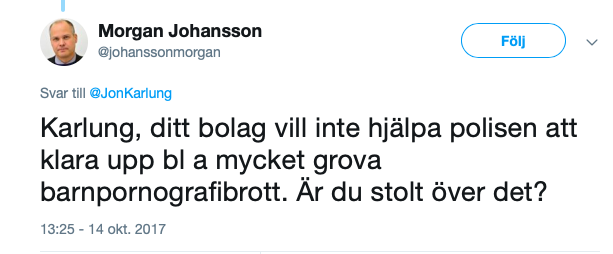 Morgan Johanssons Twitter-attack mot Bahnhofs vd Jon Karlung.