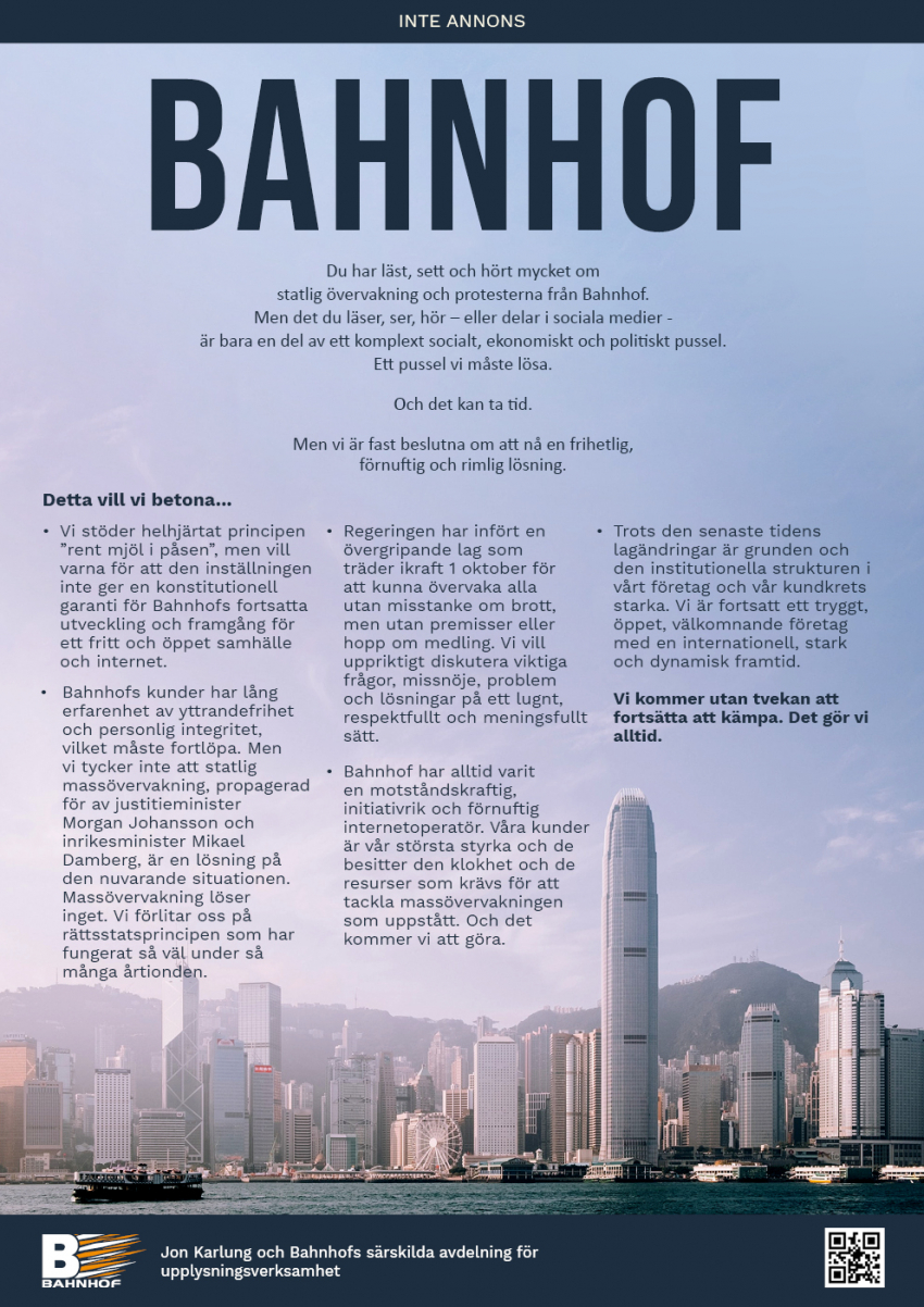 Read more about the article Bahnhof tackar DN och Folkrepubliken Kinas särskilda administrativa region Hongkong