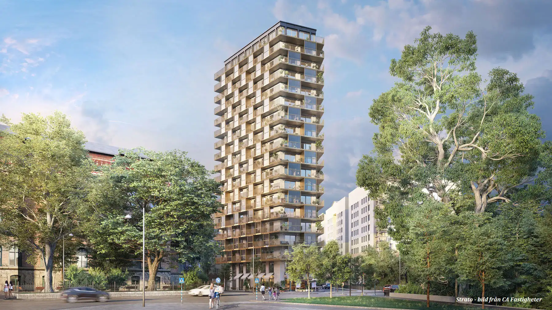 Visualisering av bostadshuset Strato – ett modernt 19-våningshus från CA Fastigheter med inglasade terrasser omgiven av grönska och stadsmiljö.