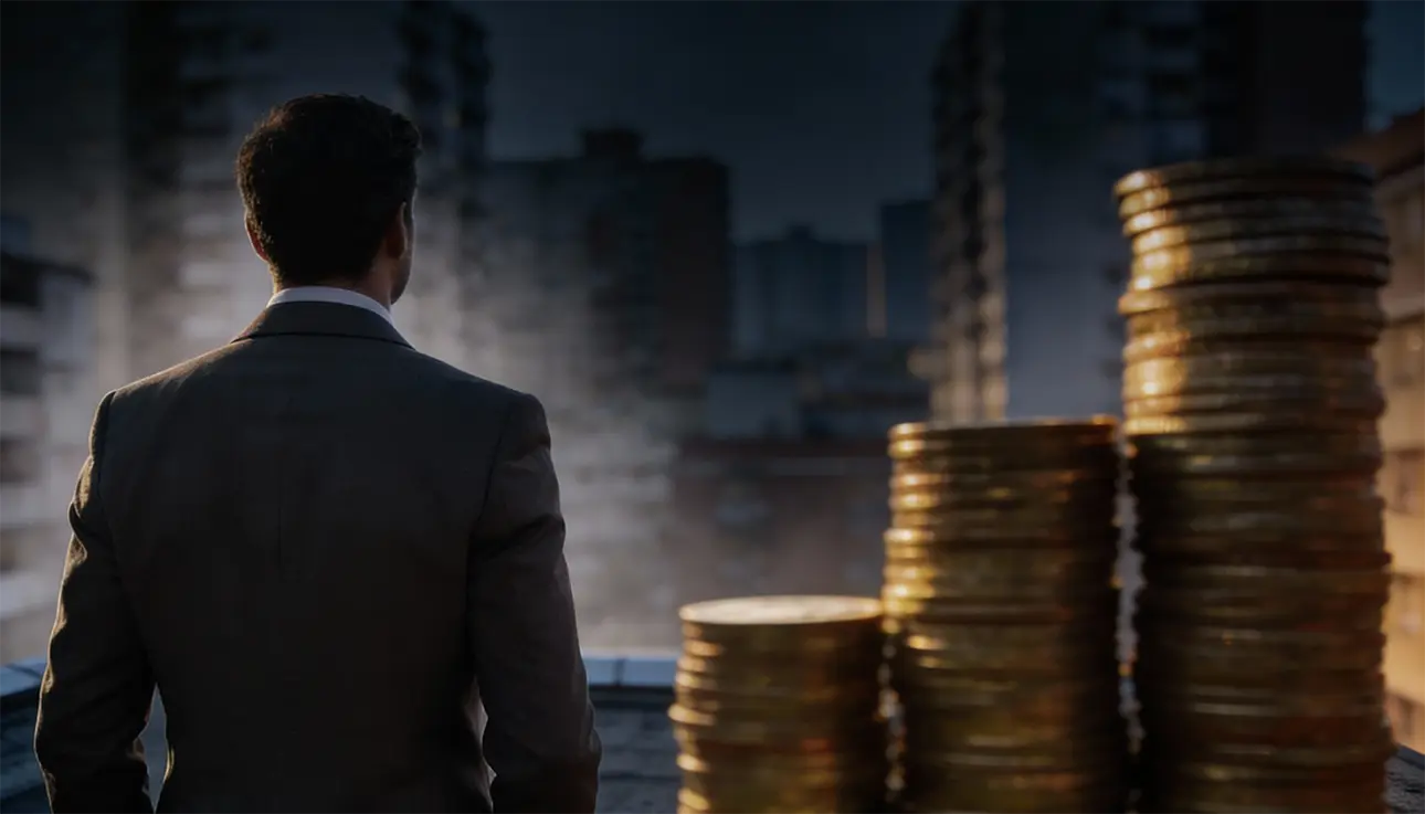 Man i kostym sedd bakifrån blickar ut över stadssiluett, bredvid staplar av mynt som symboliserar stigande kostnader. Bahnhof-logotyp i hörnet.