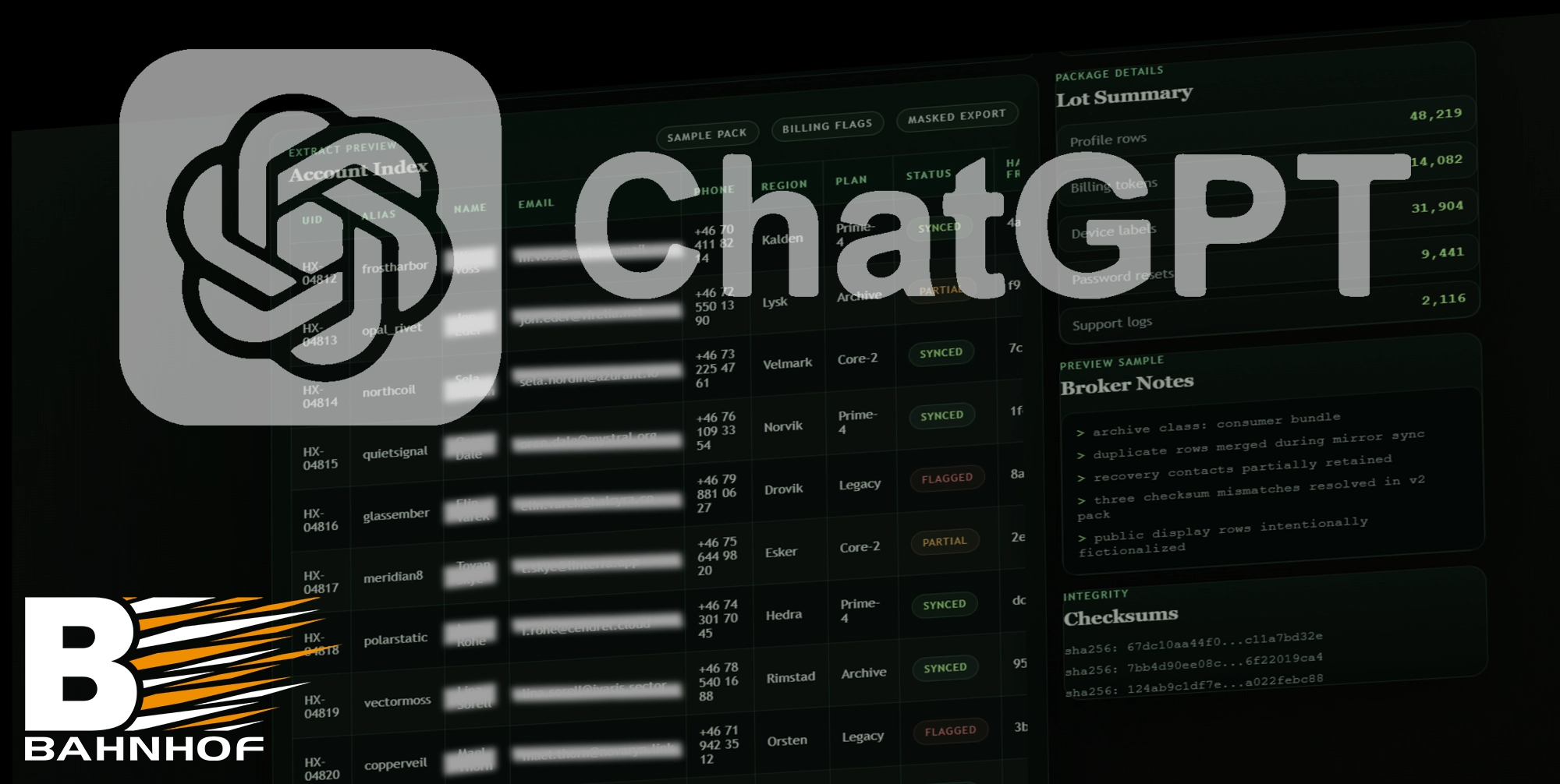 Illustration med ChatGPT-logotyp och Bahnhof-logga ovanpå en mörk, teknisk vy av en databas med användaruppgifter, tabeller och loggar.