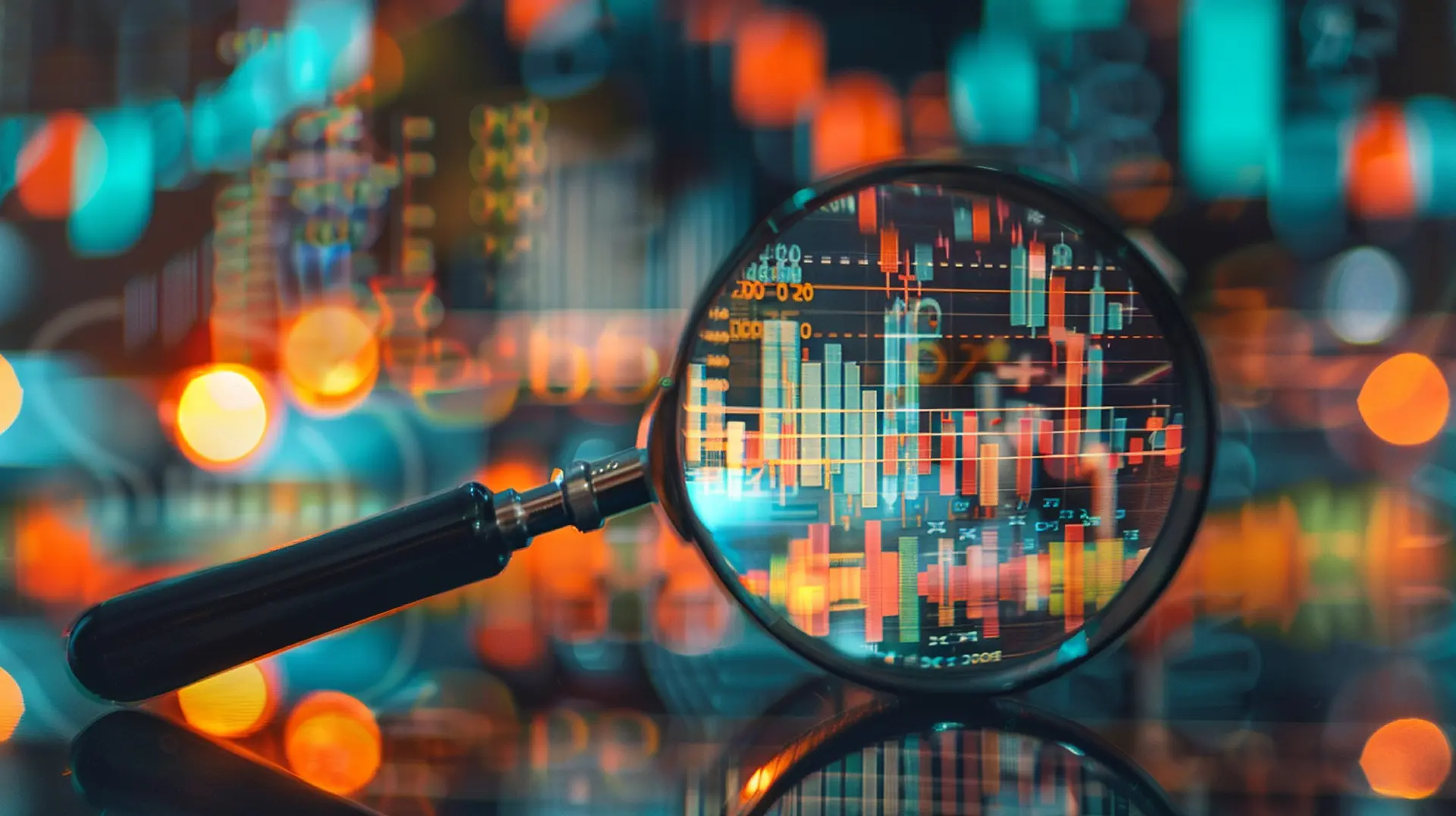 Förstoringsglas över finansiella grafer och marknadsdata.