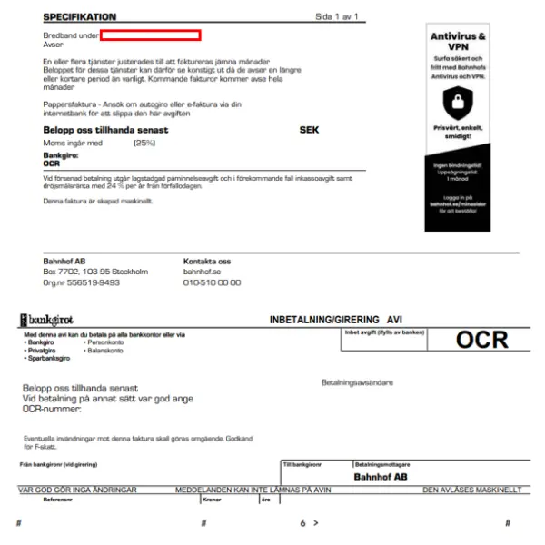 Faktura från Bahnhof med markerad faktureringsperiod och betalningsinformation.
