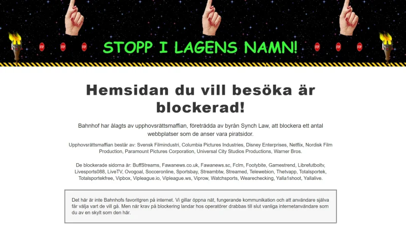 Skärmdump av Bahnhofs blockeringssida blockerat-av-upphovsmaffian.se.