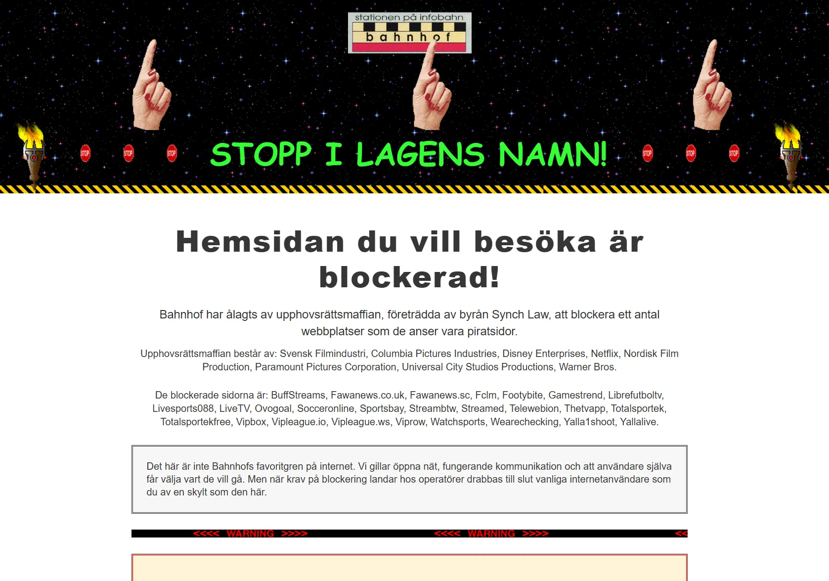 Skärmdump av Bahnhofs blockeringssida blockerat-av-upphovsmaffian.se.