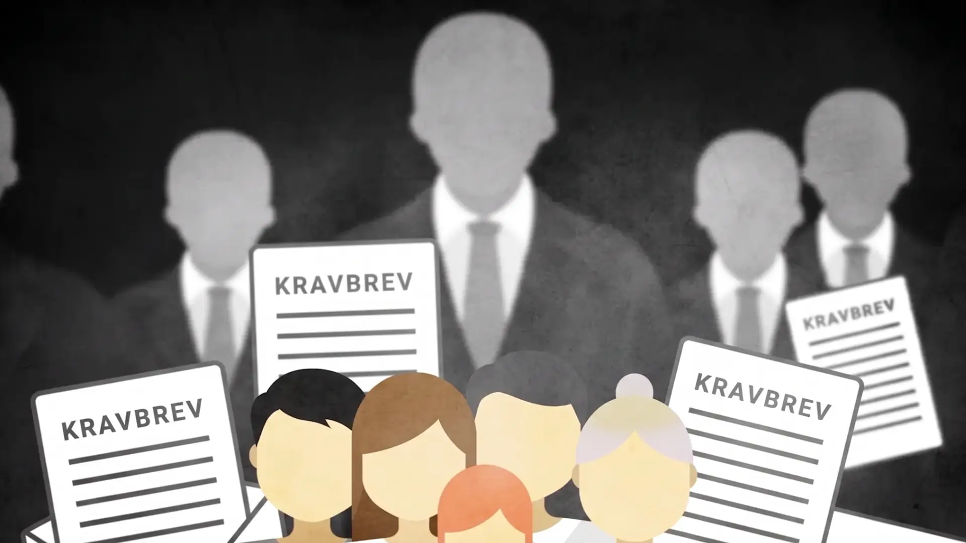 Illustration av personer omgivna av kravbrev.