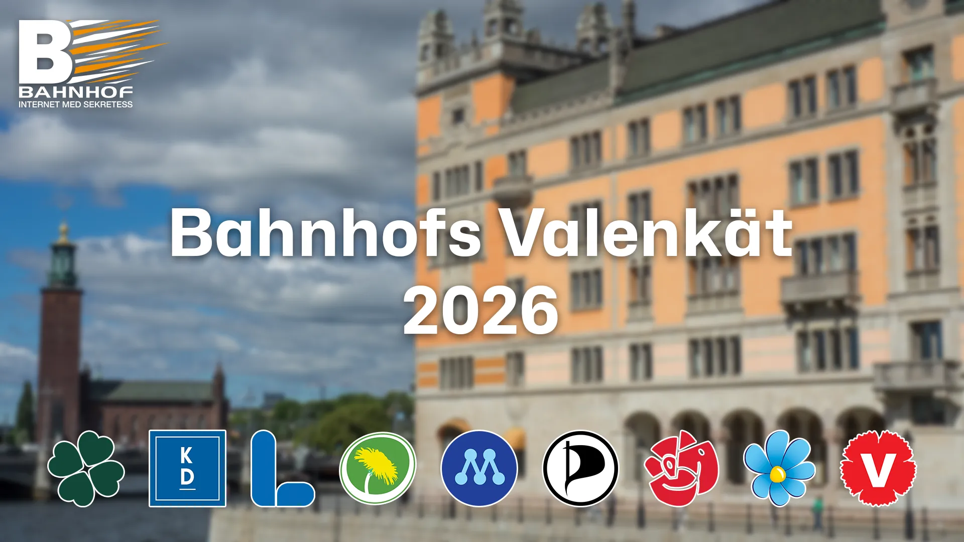 Bahnhofs valenkät 2026 med de svenska riksdagspartiernas och Piratpartiets logotyper framför Riksdagshuset.