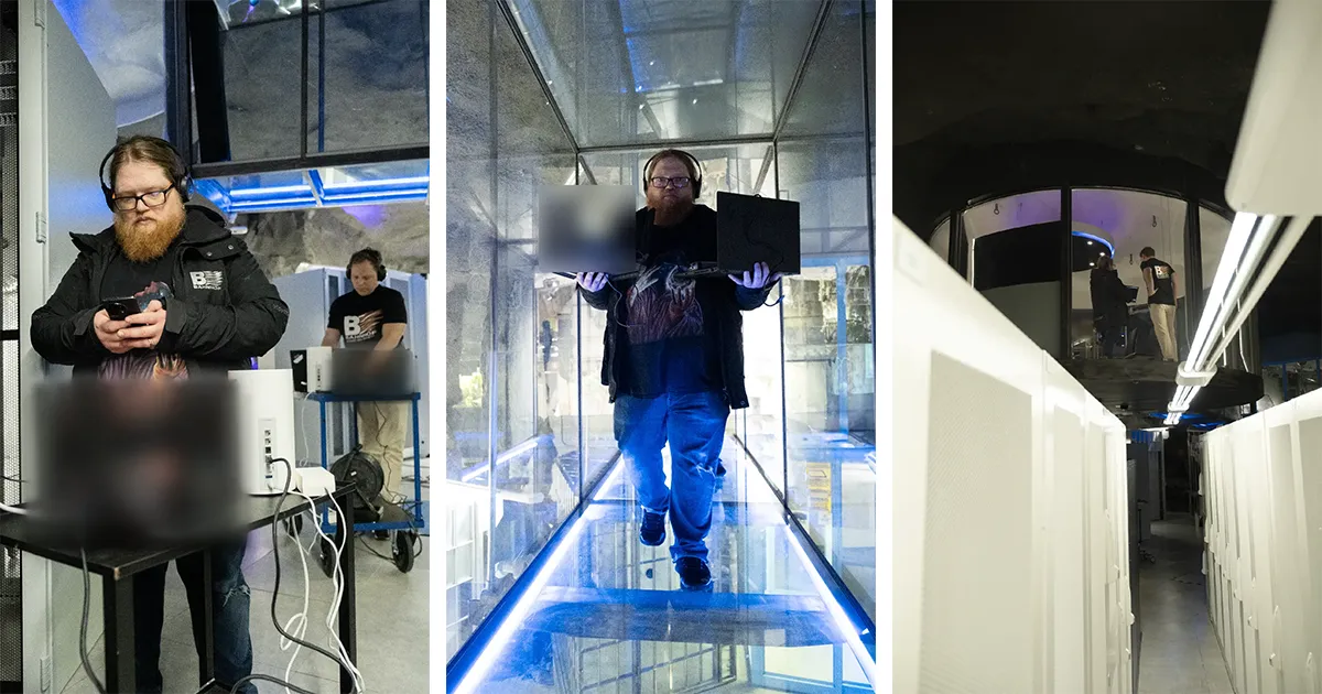 LordDennis testar räckvidden för WiFi 8 på olika platser i Bahnhofs datacenter Pionen i Stockholm.