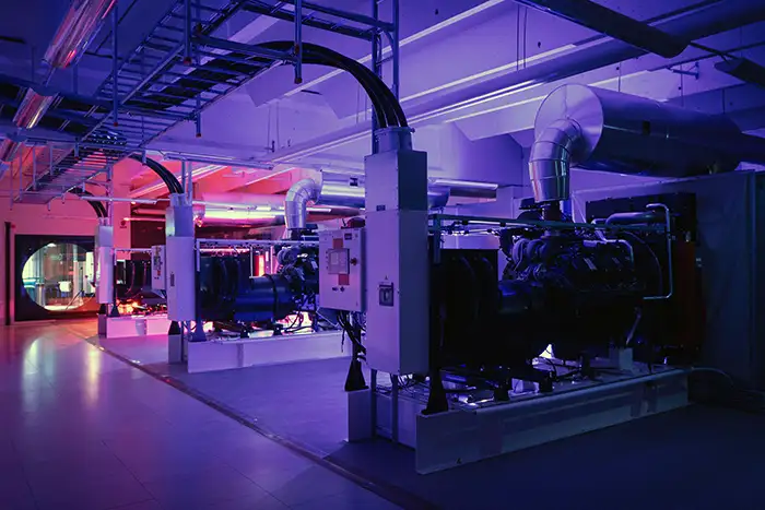 Interiör från Bahnhofs datacenter, upplyst i blått och lila ljus. Bilden visar flera kraftfulla maskiner och generatorer med metallrör och kablar i taket.